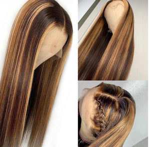 13*4 HD/Transparent Straight Brown Highlights Human Hair Wigs Lace Front Wig