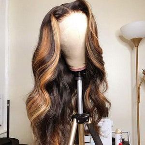 13*4 HD/Transparent Body Wave Brown Highlights Human Hair Wigs Lace Front Wig
